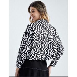 Anthropologie Elodie Black and White Optical Illusion Cropped Jacket Size Small